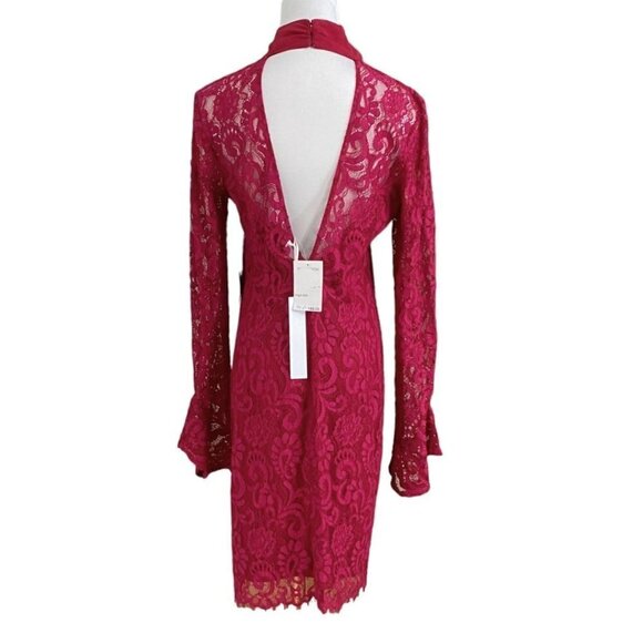 NWT ADELYN RAE RASPBERRY RED TIE NECK LACE LONG SLEEVE COCKTAIL DRESS - S - Picture 3 of 11